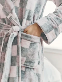 Chelsea Peers Cream Fleece Check Hooded Dressing Gown Best