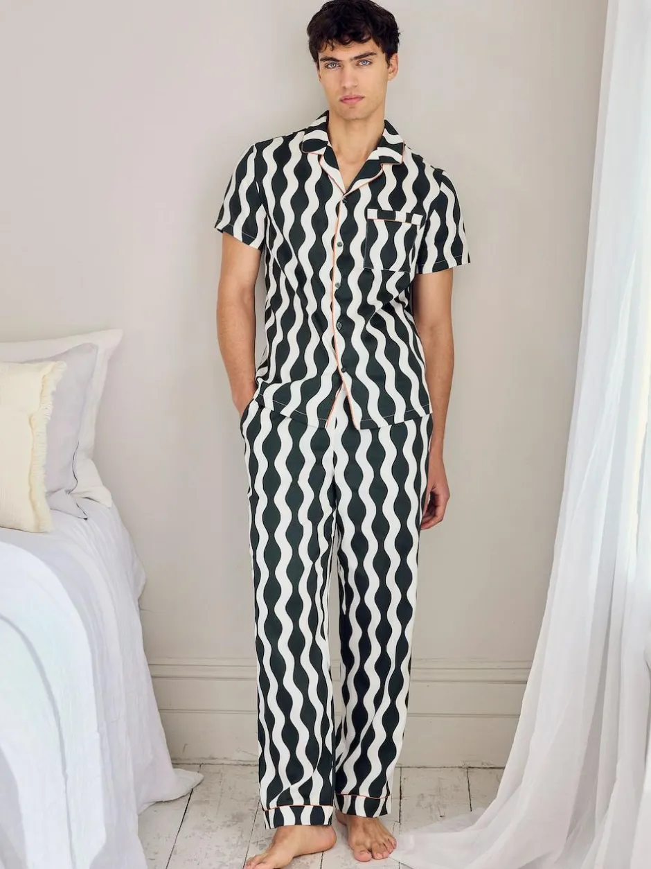 Chelsea Peers Green Cotton Poplin Wavy Stripe Long Pyjamas Set Clearance
