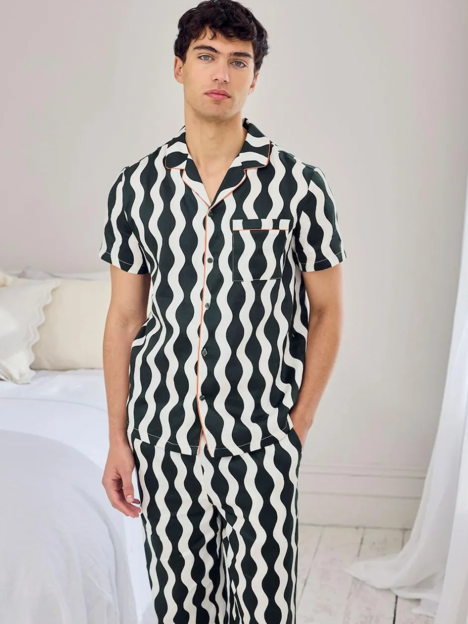 Chelsea Peers Green Cotton Poplin Wavy Stripe Long Pyjamas Set Clearance