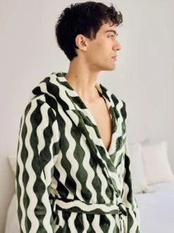 Chelsea Peers Green Fleece Wavy Stripe Hooded Dressing Gown Discount