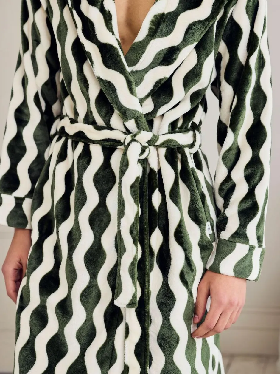 Chelsea Peers Green Fleece Wavy Stripe Hooded Dressing Gown Discount