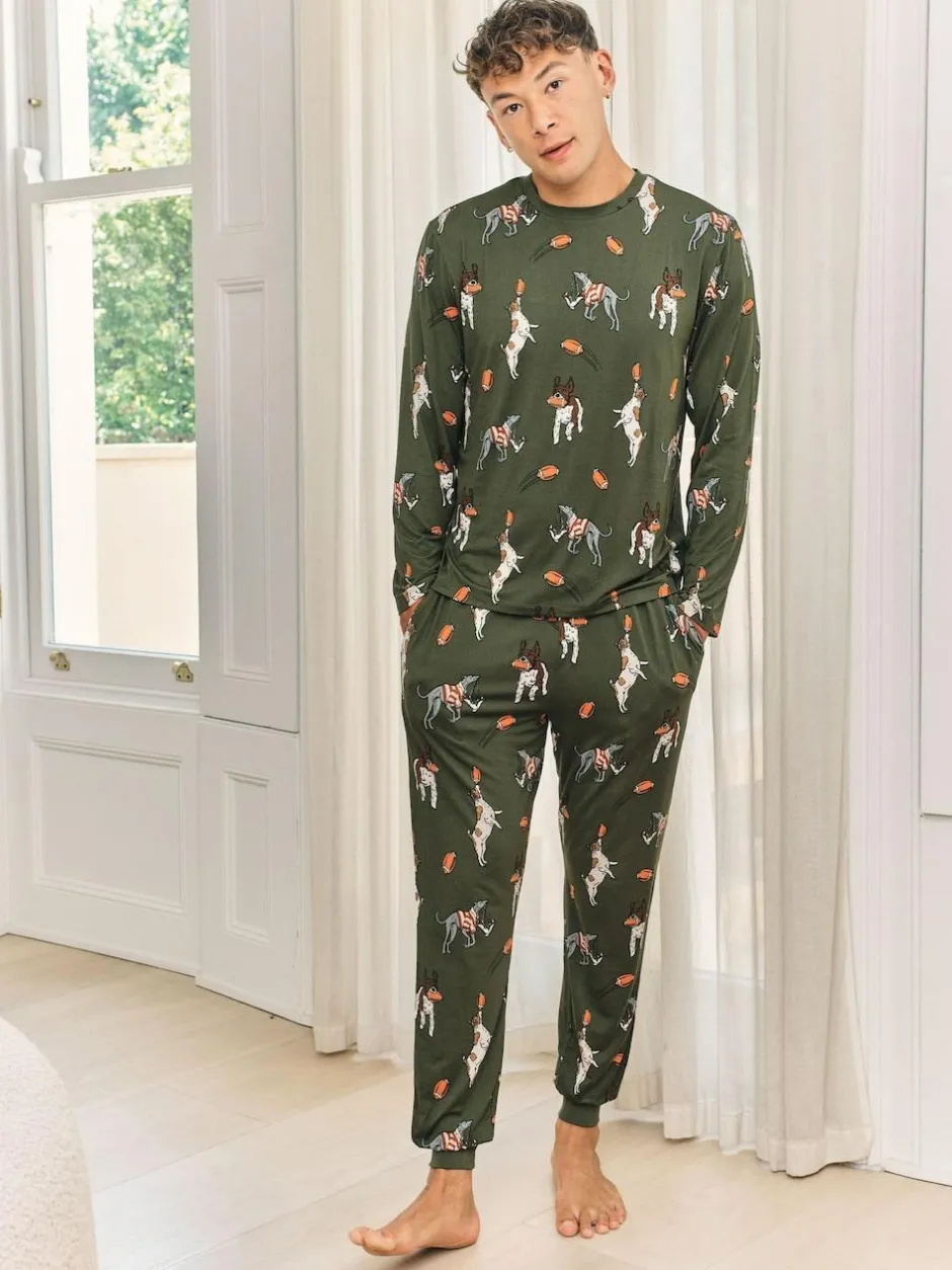 Chelsea Peers Green Rugby Dogs Print Long Pyjamas Set Hot