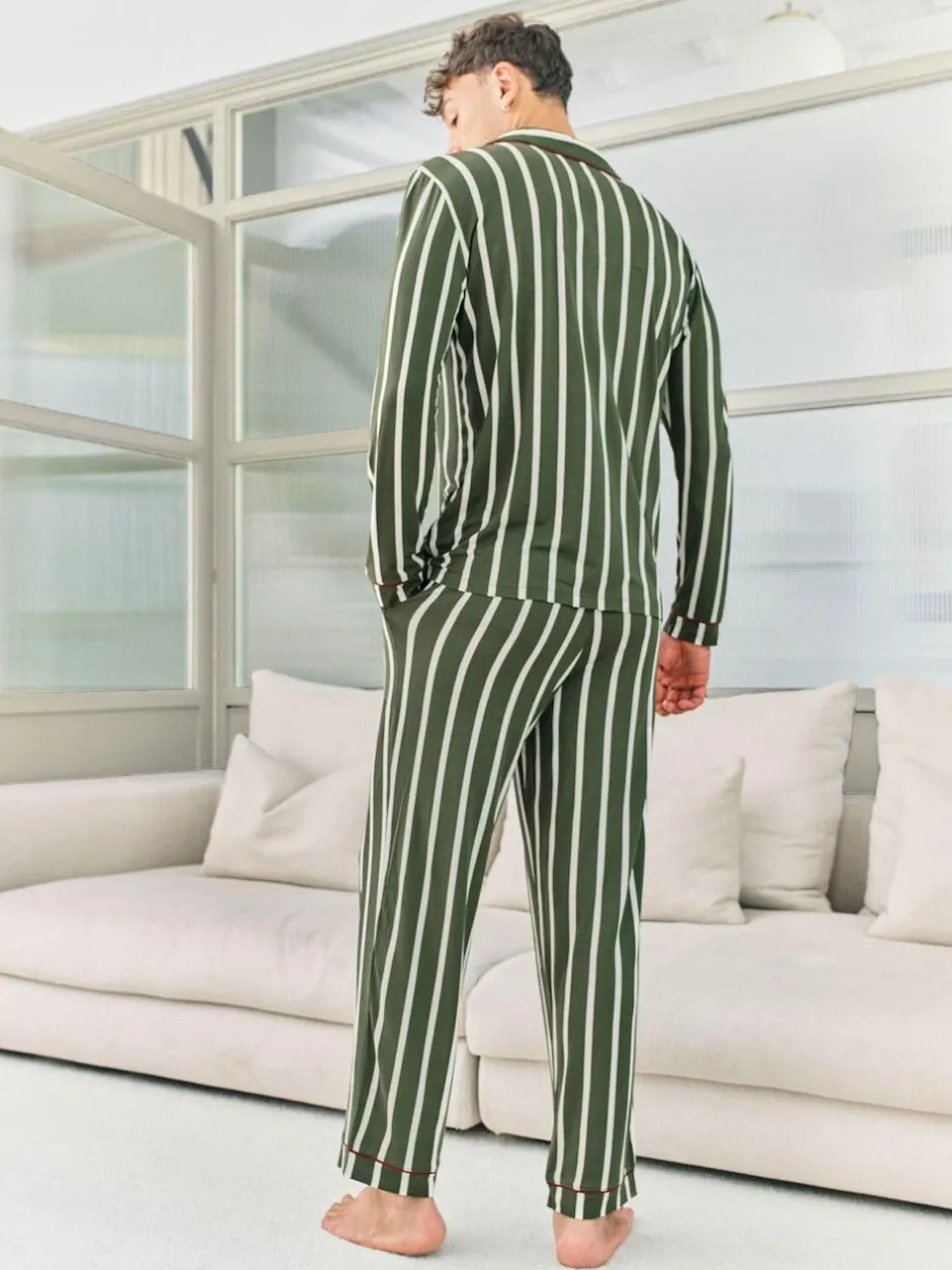 Chelsea Peers Green Stripe Button Up Long Pyjamas Set New