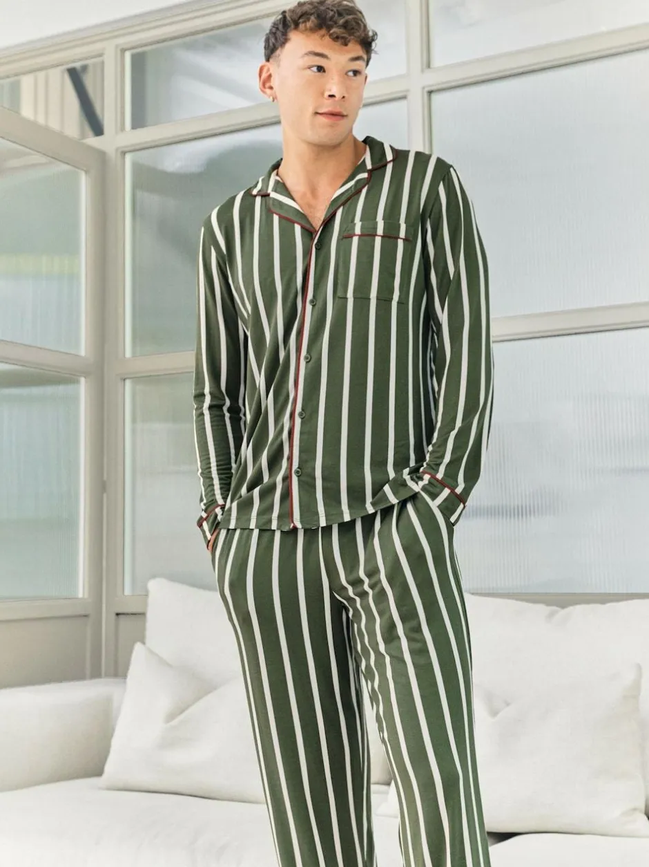 Chelsea Peers Green Stripe Button Up Long Pyjamas Set New