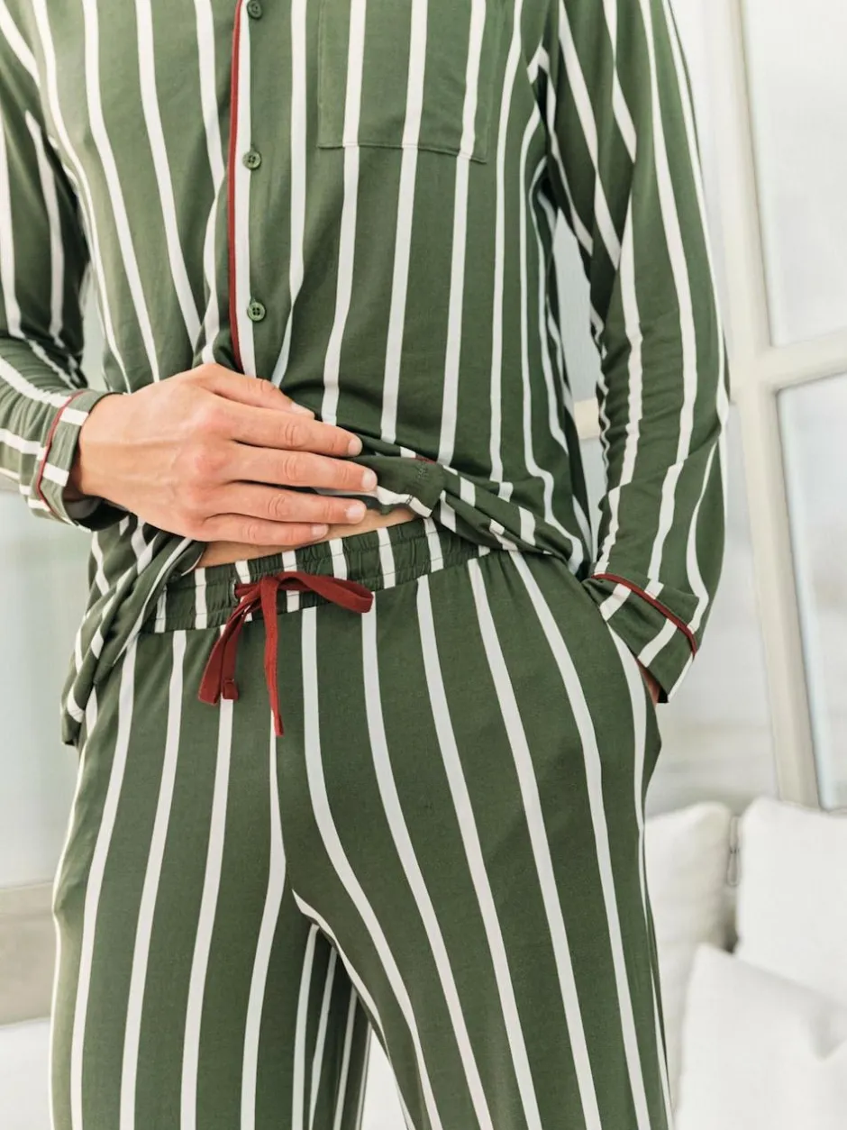 Chelsea Peers Green Stripe Button Up Long Pyjamas Set New