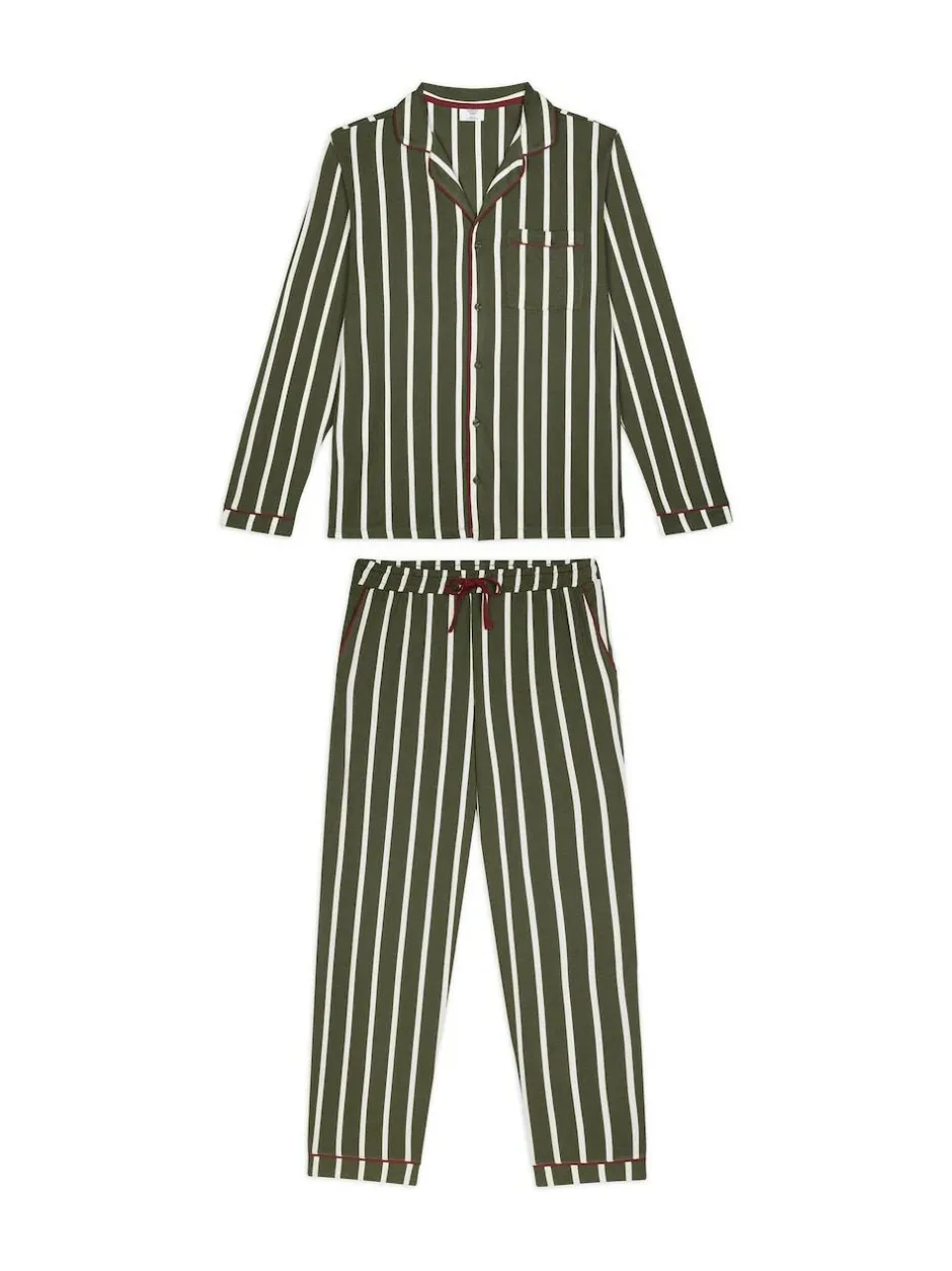 Chelsea Peers Green Stripe Button Up Long Pyjamas Set New