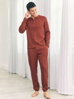 Chelsea Peers Orange Trouser Waffle Long Joggers Lounge Bottoms - Rust New