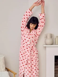 Chelsea Peers Pink Fleece Wavy Stripe Heart Print Long Dressing Gown Outlet