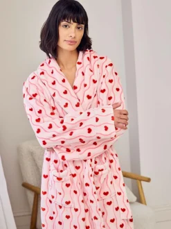 Chelsea Peers Pink Fleece Wavy Stripe Heart Print Long Dressing Gown Outlet