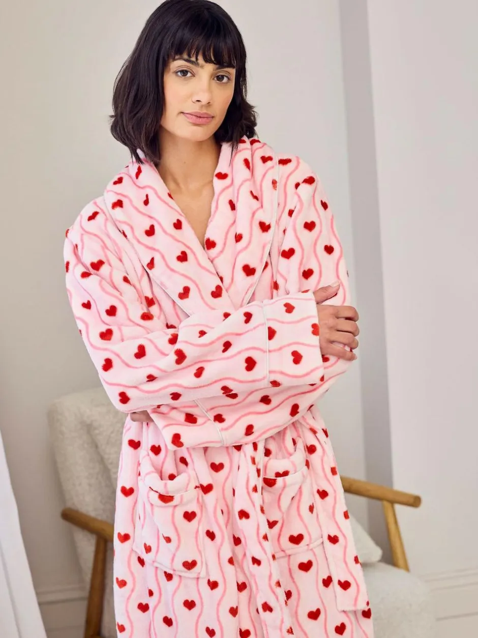 Chelsea Peers Pink Fleece Wavy Stripe Heart Print Long Dressing Gown Outlet