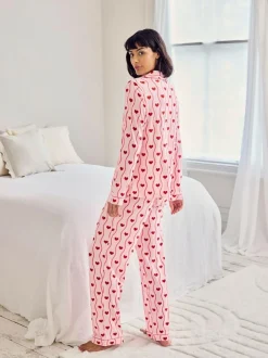 Chelsea Peers Pink Wavy Stripe Heart Print Long Pyjamas Set Discount