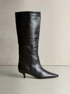 Next Crinkle Effect Leather Signature Underset Heel Knee High Boots Chocolate Brown Sale