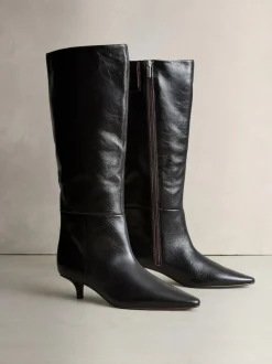 Next Crinkle Effect Leather Signature Underset Heel Knee High Boots Chocolate Brown Sale