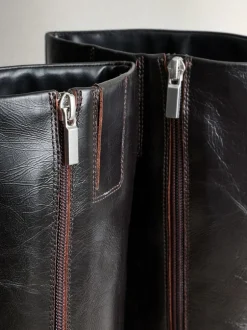 Next Crinkle Effect Leather Signature Underset Heel Knee High Boots Chocolate Brown Sale