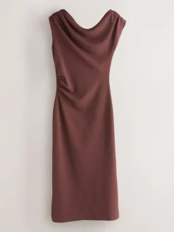 Next Draped Midi Ruched Dress Chocolate Brown Discount