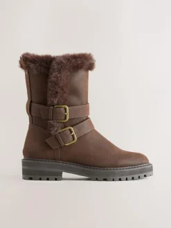 Next Extra Wide Fit Forever Comfort® Double Buckle Faux Fur Lined Ankle Boots Chocolate Brown