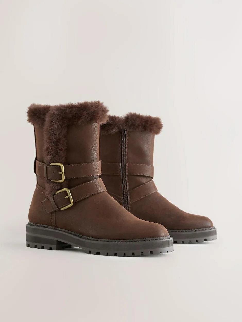 Next Extra Wide Fit Forever Comfort® Double Buckle Faux Fur Lined Ankle Boots Chocolate Brown