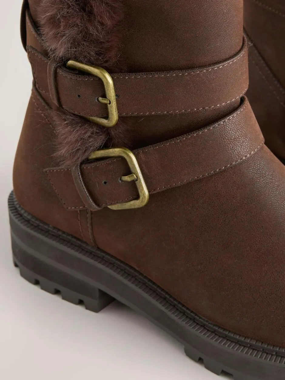 Next Extra Wide Fit Forever Comfort® Double Buckle Faux Fur Lined Ankle Boots Chocolate Brown