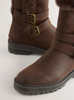 Next Extra Wide Fit Forever Comfort® Double Buckle Faux Fur Lined Ankle Boots Chocolate Brown