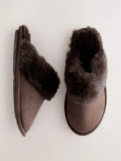 Next Faux Fur Suede Mule Slippers Chocolate Brown Clearance