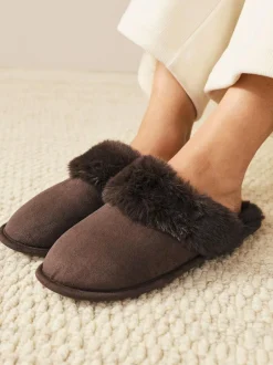 Next Faux Fur Suede Mule Slippers Chocolate Brown Clearance
