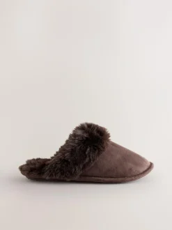 Next Faux Fur Suede Mule Slippers Chocolate Brown Clearance