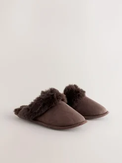 Next Faux Fur Suede Mule Slippers Chocolate Brown Clearance
