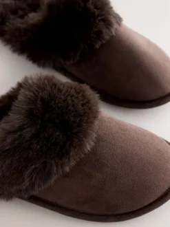 Next Faux Fur Suede Mule Slippers Chocolate Brown Clearance