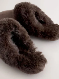 Next Faux Fur Suede Mule Slippers Chocolate Brown Clearance