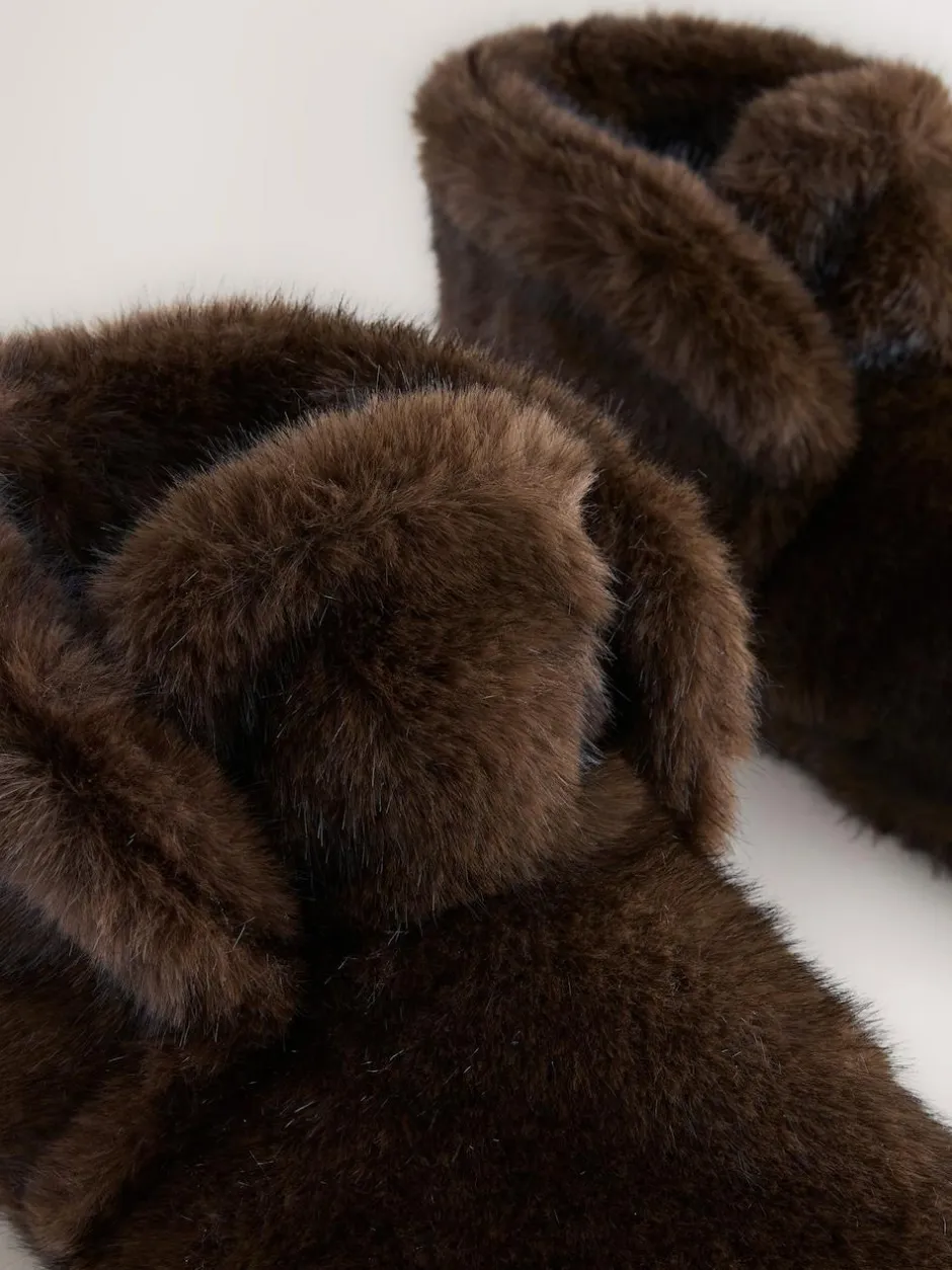 Next Chocolate Brown Faux Fur Boot Slippers Hot