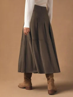 Next Chocolate Brown Faux Suede Midi Kilt Skirt