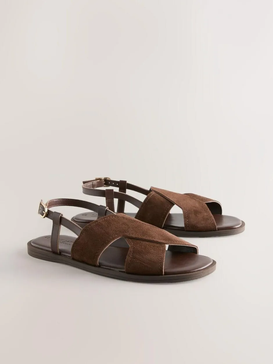 Next Standard/Wide Fit Stitched Slingback Sandals Chocolate Brown Leather Sale