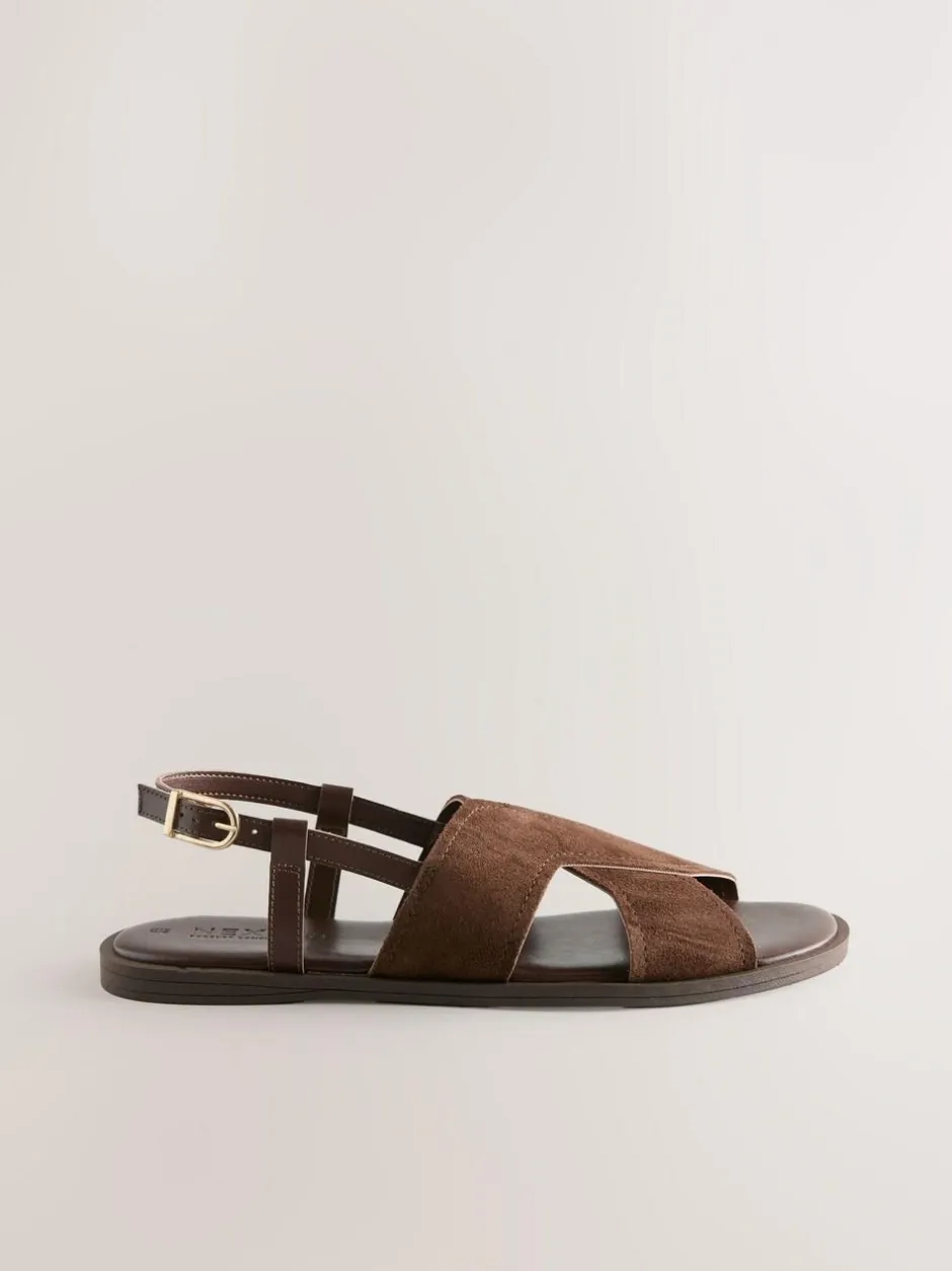 Next Standard/Wide Fit Stitched Slingback Sandals Chocolate Brown Leather Sale