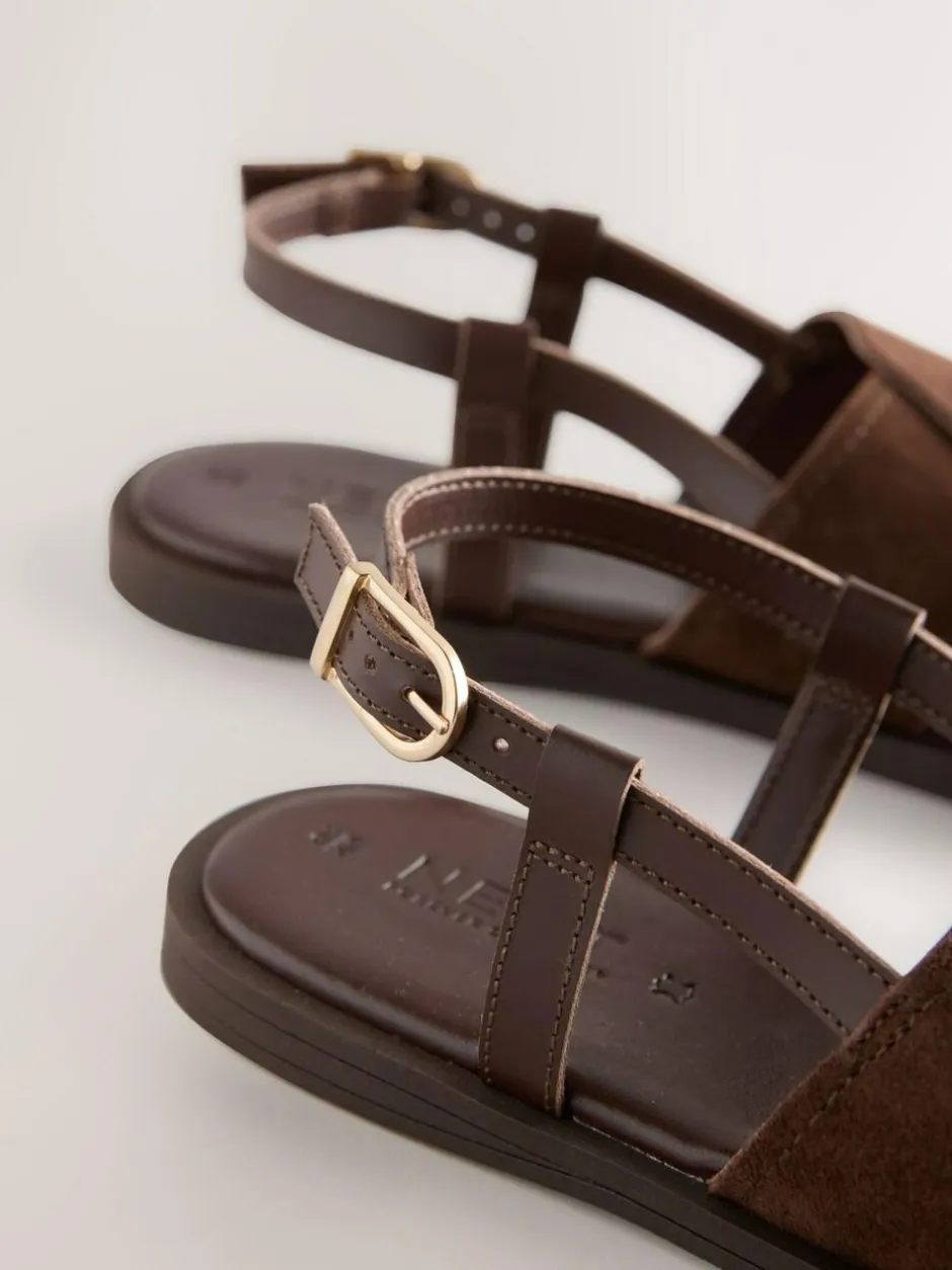 Next Standard/Wide Fit Stitched Slingback Sandals Chocolate Brown Leather Sale