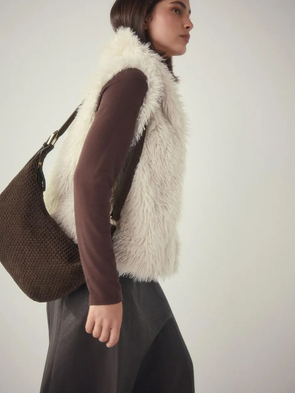 Next Chocolate Brown N. Premium Suede Sling Weave Shoulder Bag New