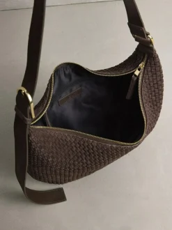 Next Chocolate Brown N. Premium Suede Sling Weave Shoulder Bag New