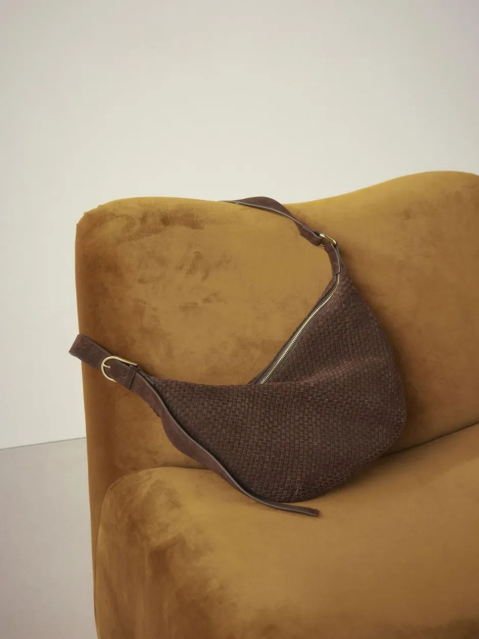 Next Chocolate Brown N. Premium Suede Sling Weave Shoulder Bag New
