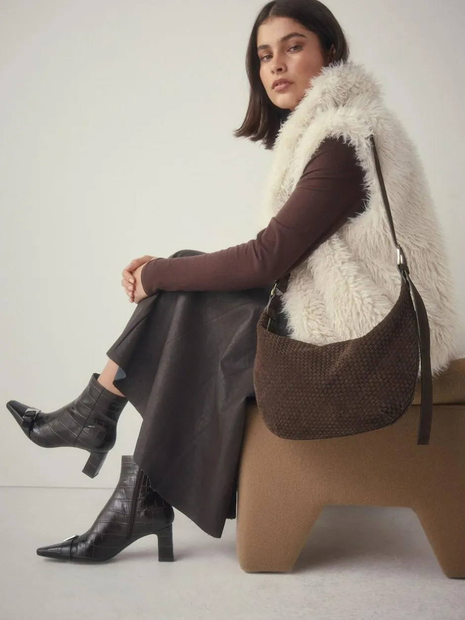 Next Chocolate Brown N. Premium Suede Sling Weave Shoulder Bag New