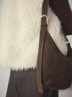 Next Chocolate Brown N. Premium Suede Sling Weave Shoulder Bag New