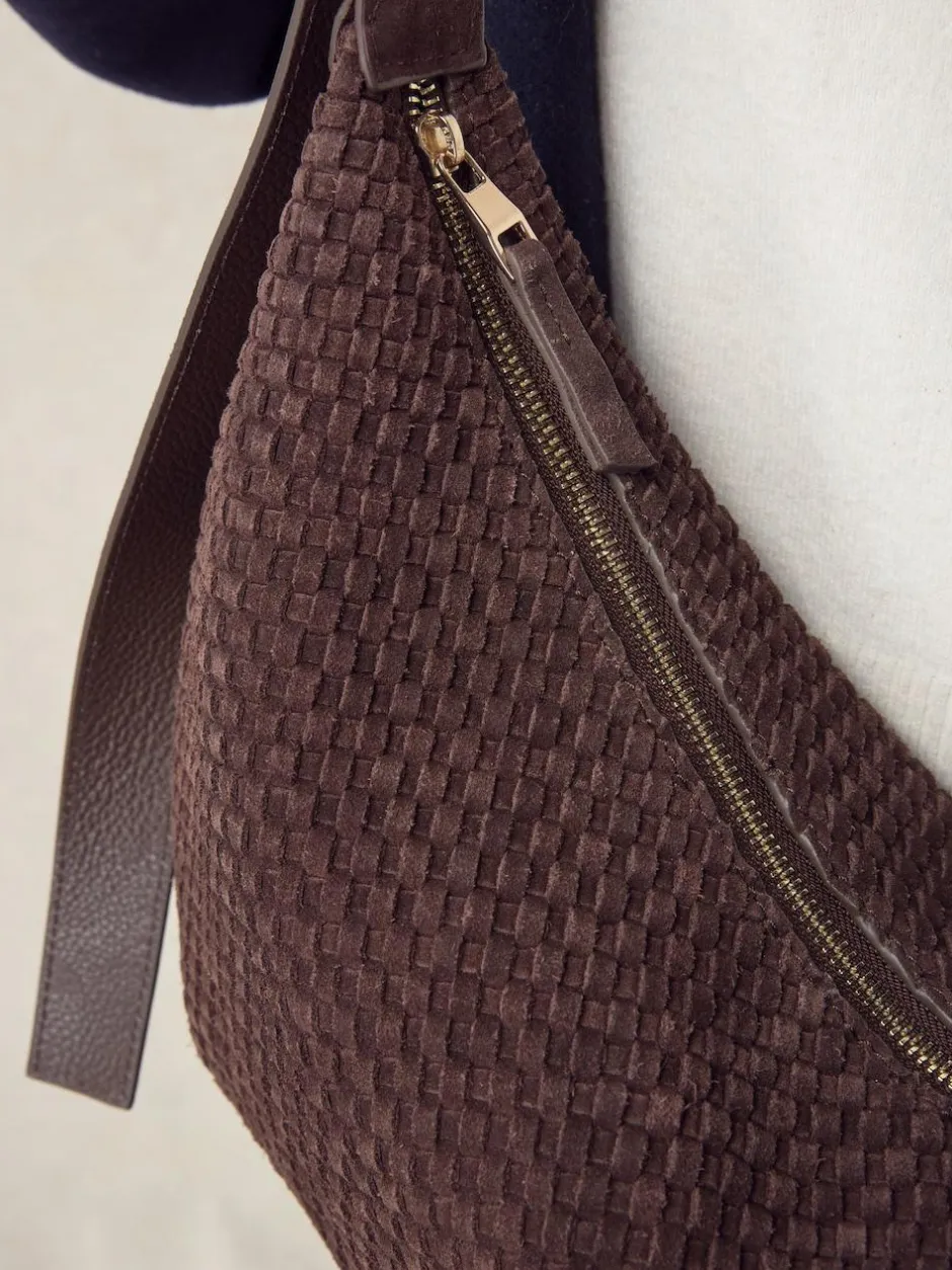 Next Chocolate Brown N. Premium Suede Sling Weave Shoulder Bag New