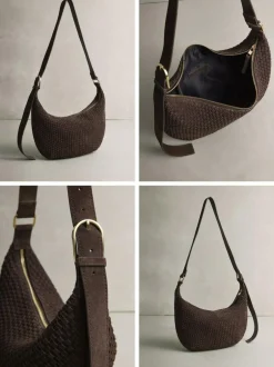 Next Chocolate Brown N. Premium Suede Sling Weave Shoulder Bag New