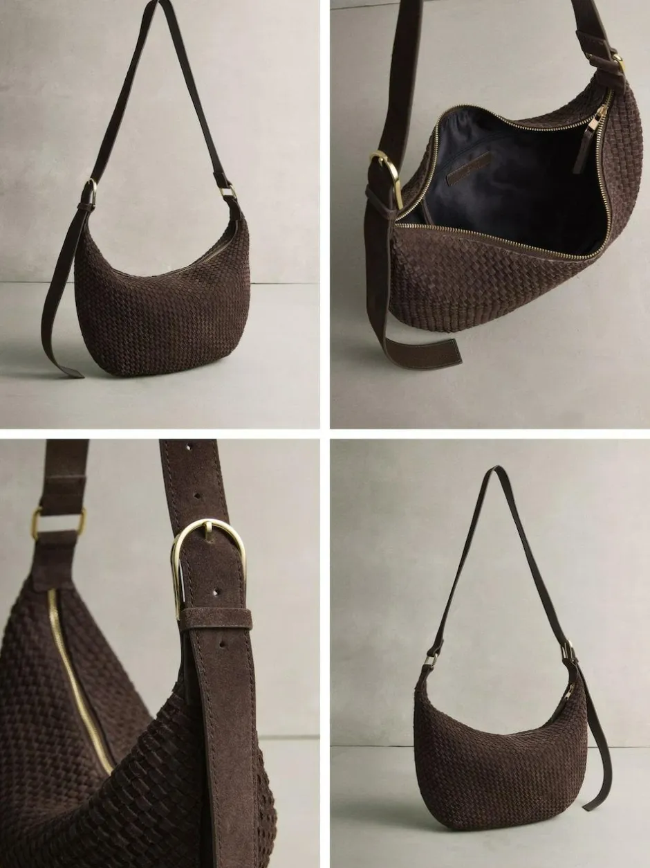 Next Chocolate Brown N. Premium Suede Sling Weave Shoulder Bag New