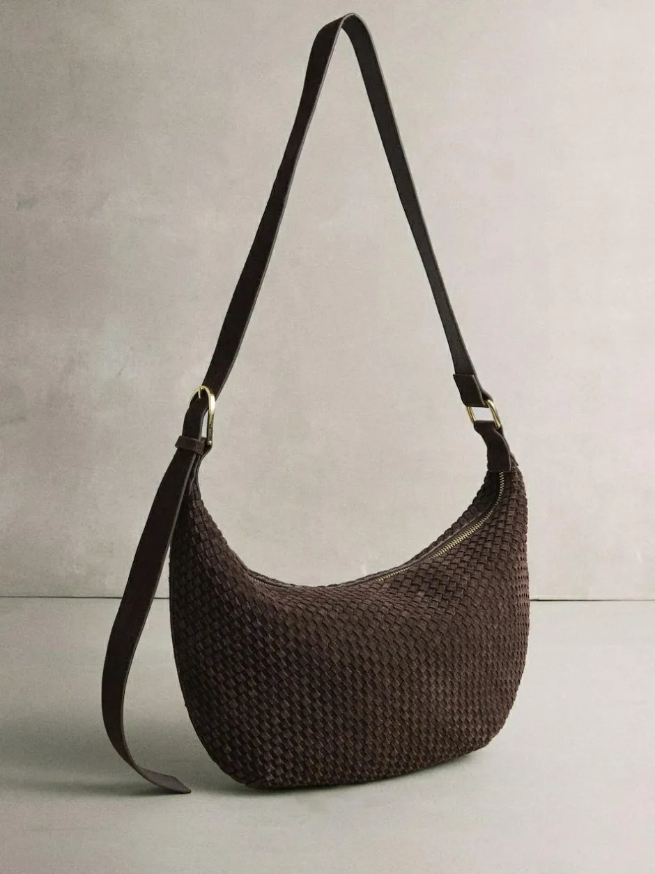 Next Chocolate Brown N. Premium Suede Sling Weave Shoulder Bag New