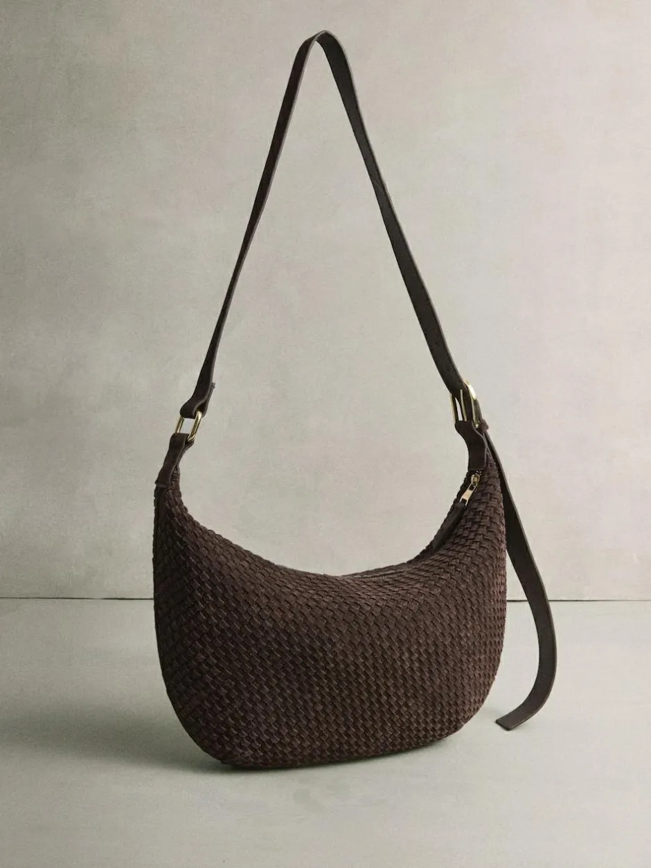 Next Chocolate Brown N. Premium Suede Sling Weave Shoulder Bag New