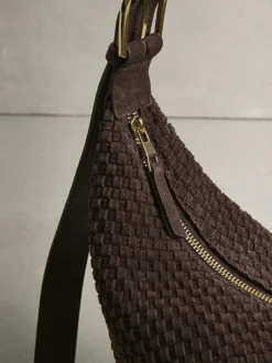 Next Chocolate Brown N. Premium Suede Sling Weave Shoulder Bag New