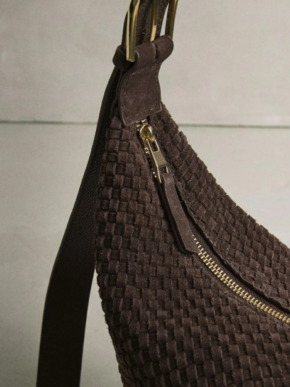 Next Chocolate Brown N. Premium Suede Sling Weave Shoulder Bag New