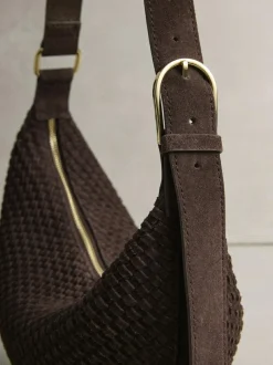 Next Chocolate Brown N. Premium Suede Sling Weave Shoulder Bag New