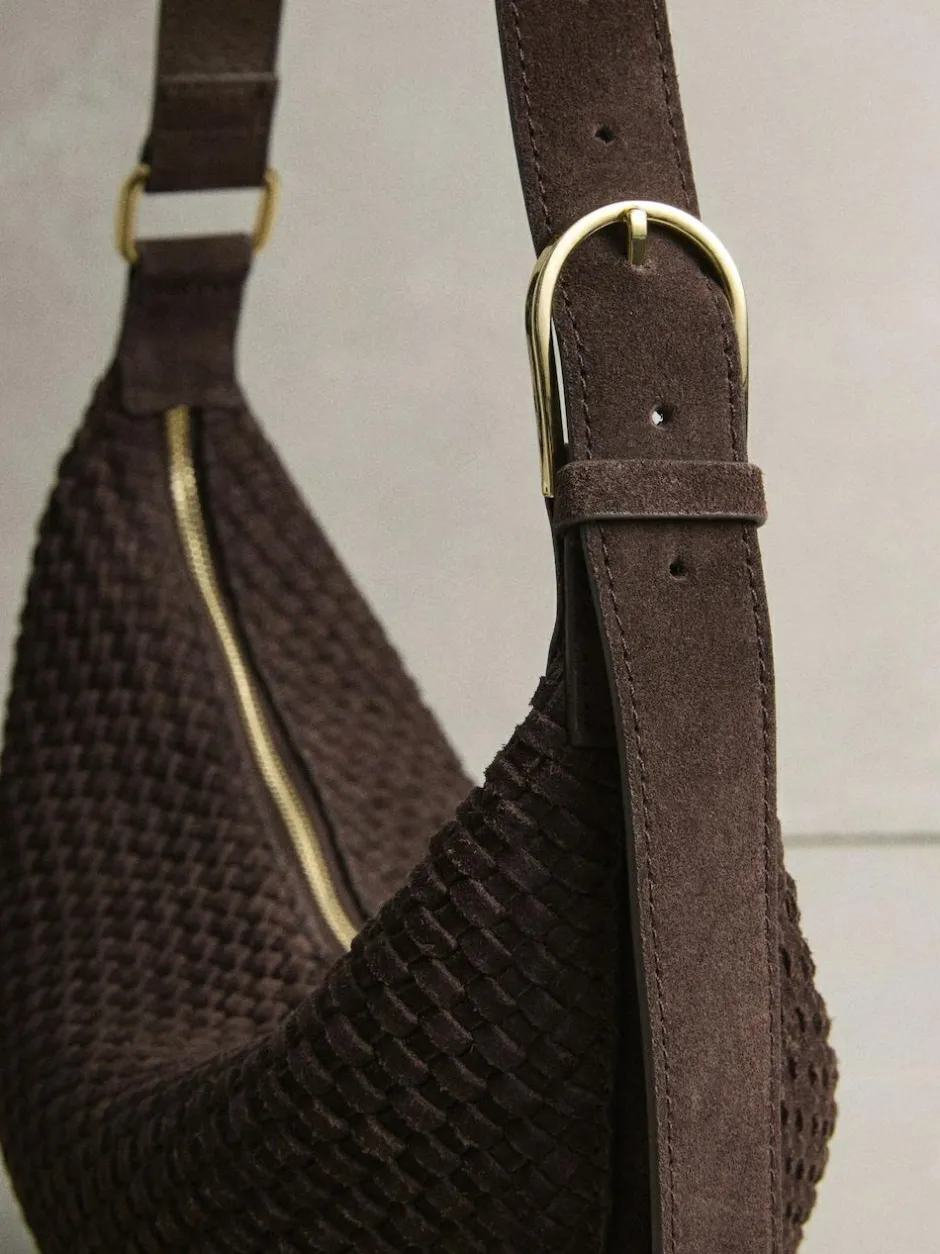 Next Chocolate Brown N. Premium Suede Sling Weave Shoulder Bag New