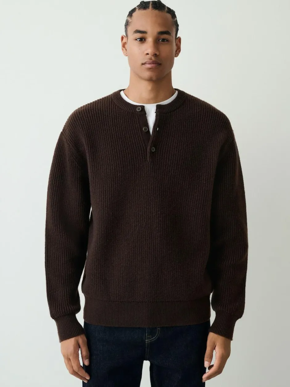 Next Chocolate Brown Relaxed Fit Ribbed Grandad Collar Jumper with Wool New