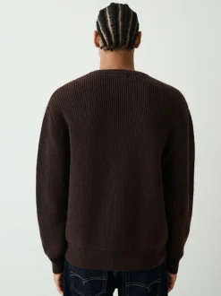 Next Chocolate Brown Relaxed Fit Ribbed Grandad Collar Jumper with Wool New
